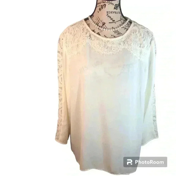 Talbots Petites XLP Ivory Sheer Chiffon Lace Blouse 3/4 Sleeves NWOT - Picture 1 of 7